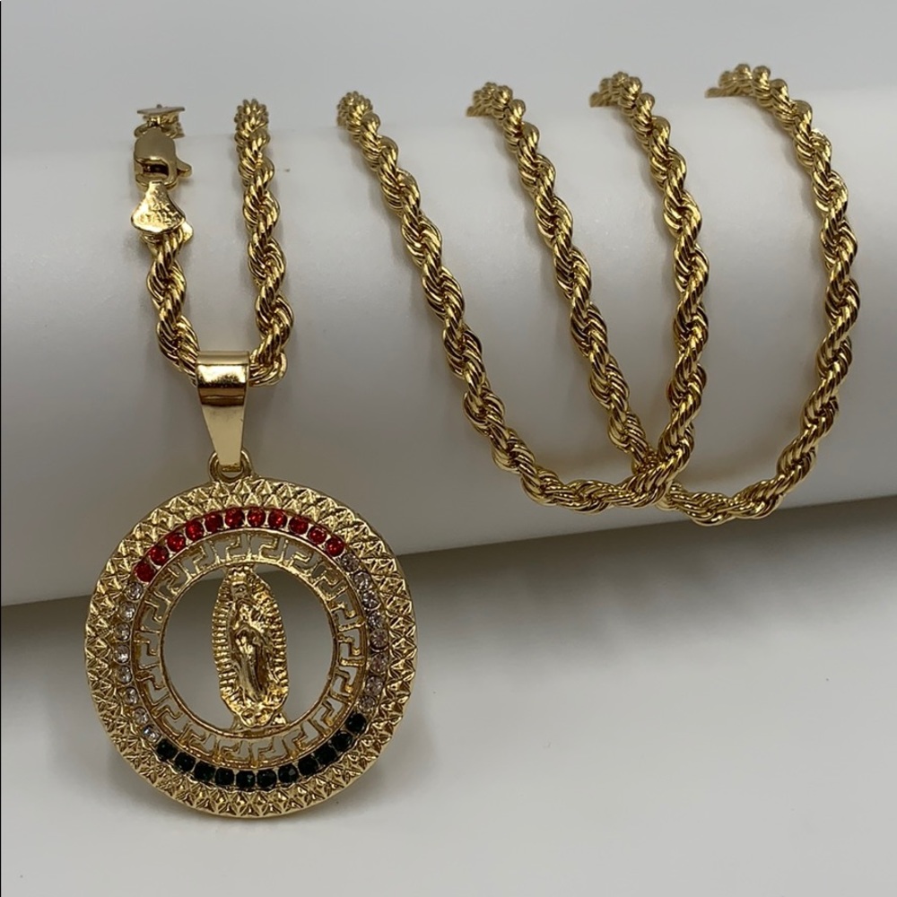 gold plated, chain and virgin of guadalupe